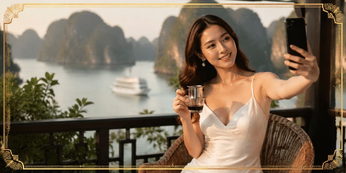 Bối cảnh vịnh Hạ Long và cà phê gợi trải nghiệm ưu đãi VIP thư thái